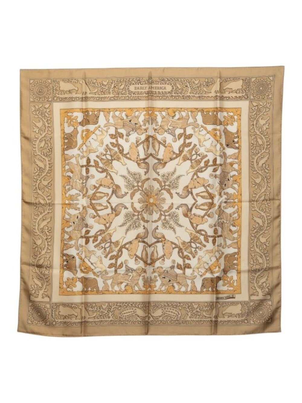 Hermes Carre 90 Early America Vintage Scarf Beige Silk